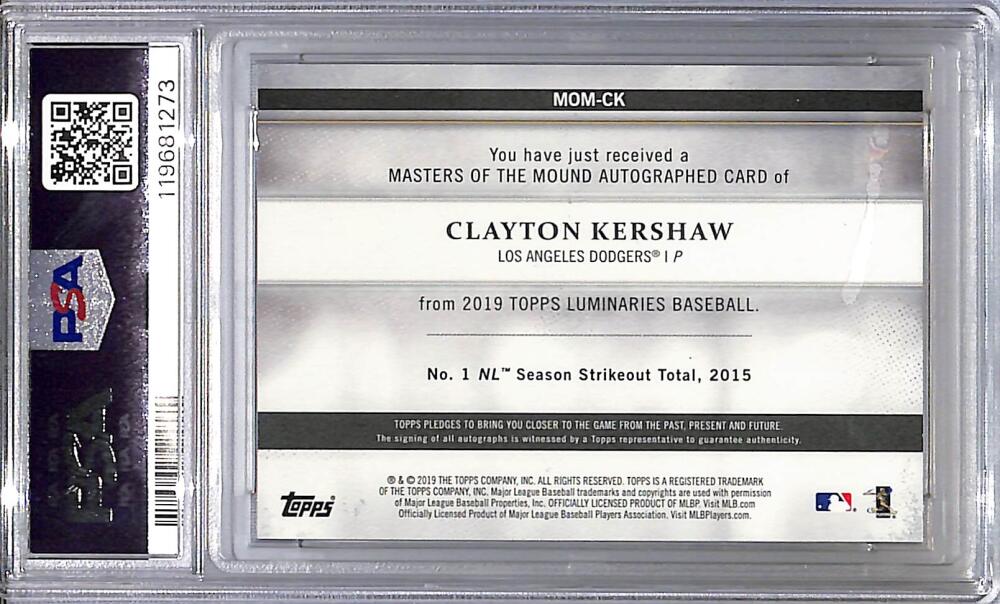 2019 Topps Luminaries Masters of the Mound #MOM-CK Clayton Kershaw PSA 9 MINT Auto 6/15 Los Angeles Dodgers