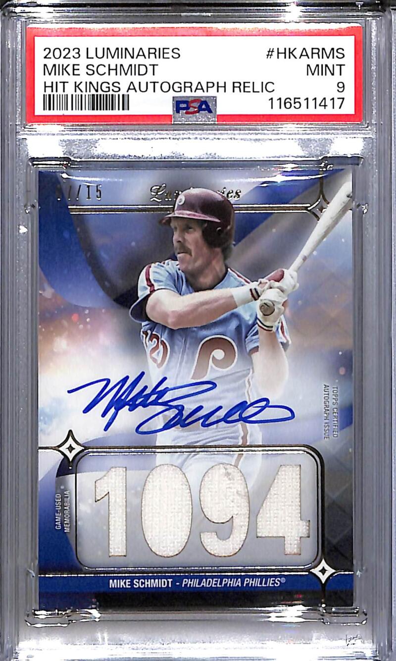 2023 Topps Luminaries Hit Kings #HKAR-MS Mike Schmidt PSA 9 MINT MEM Auto 7/15 Philadelphia Phillies