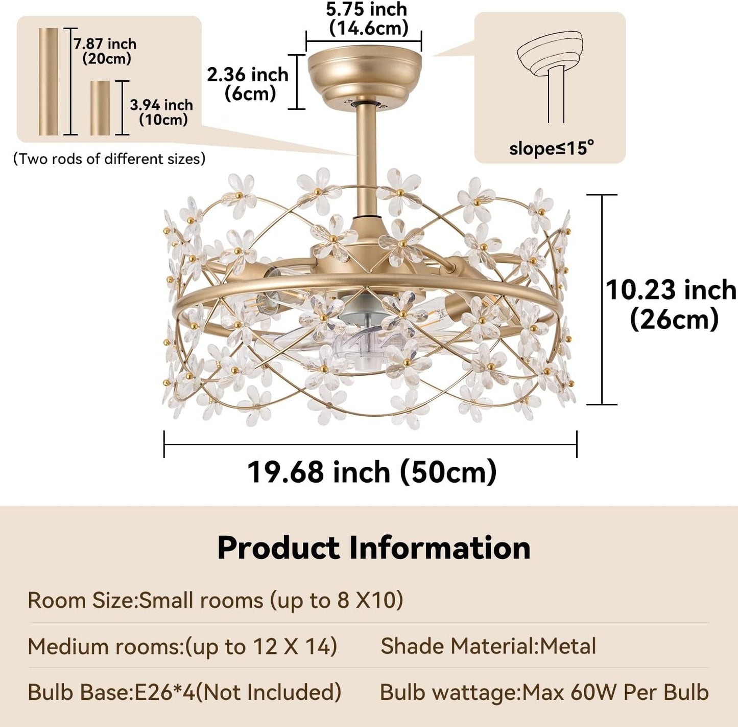 20 Inch Gold Caged Ceiling Fan with Light, Flower Chandelier Ceiling Fan with Lights Remote Control, Modern Crystal Fandelier 6 Speeds for Girl'S Bedroom, Living Room-4