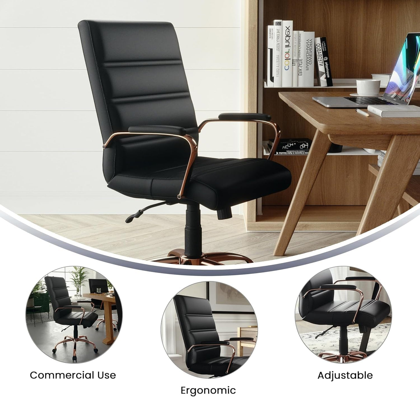 Whitney Mid-Back Swivel Leathersoft Desk Chair with Padded Seat and Armrests, Adjustable Height Padded Leathersoft Office Chair, Black/Rose Gold-4