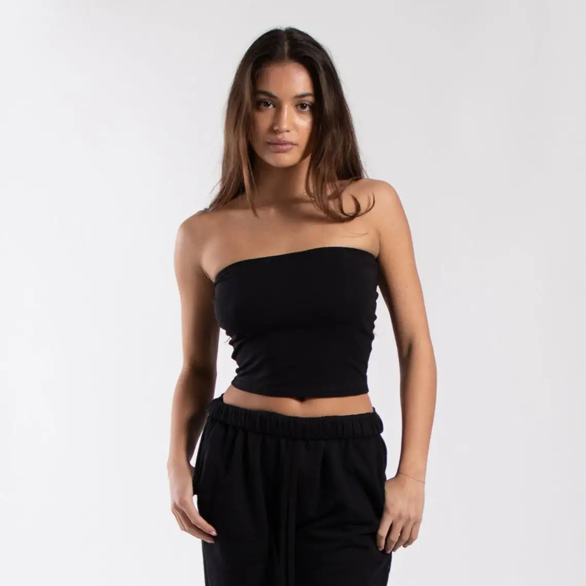 Black women’s cropped strapless tube top with elastic waistband drawstring info otlapparel