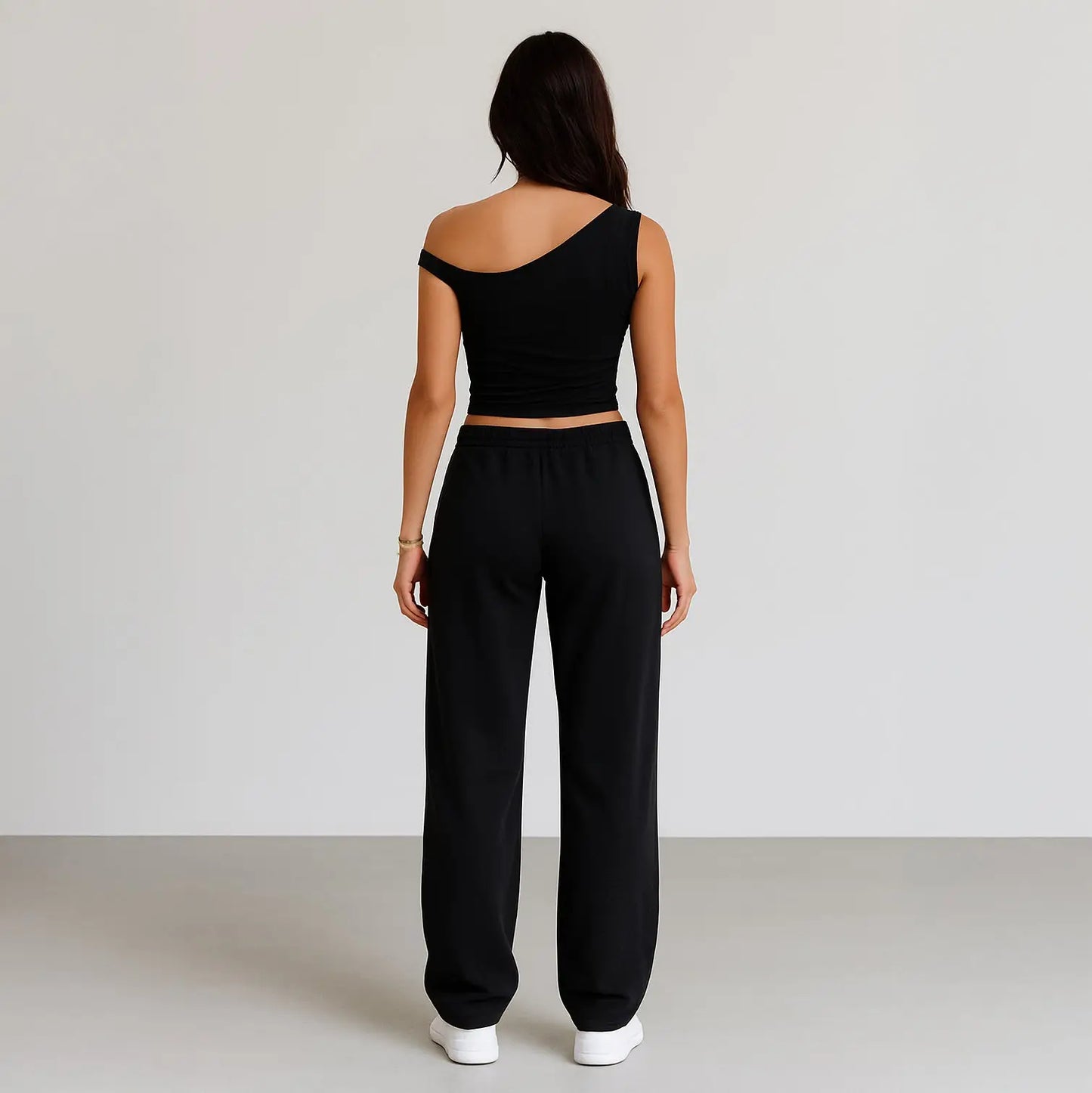 Black off-the-shoulder crop top with matching sweatpants casual sportswear set info otlapparel