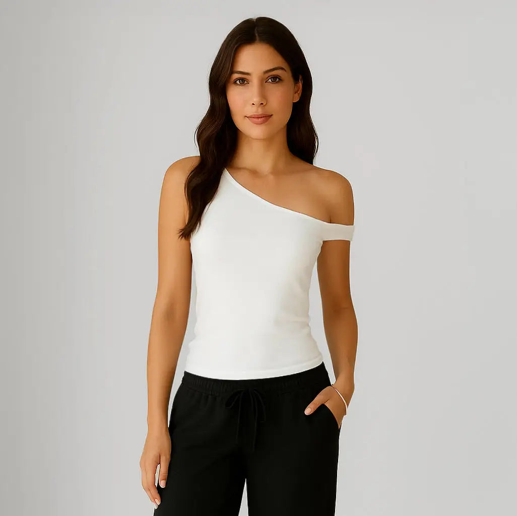 White one-shoulder asymmetrical tank with black pants from info otlapparel