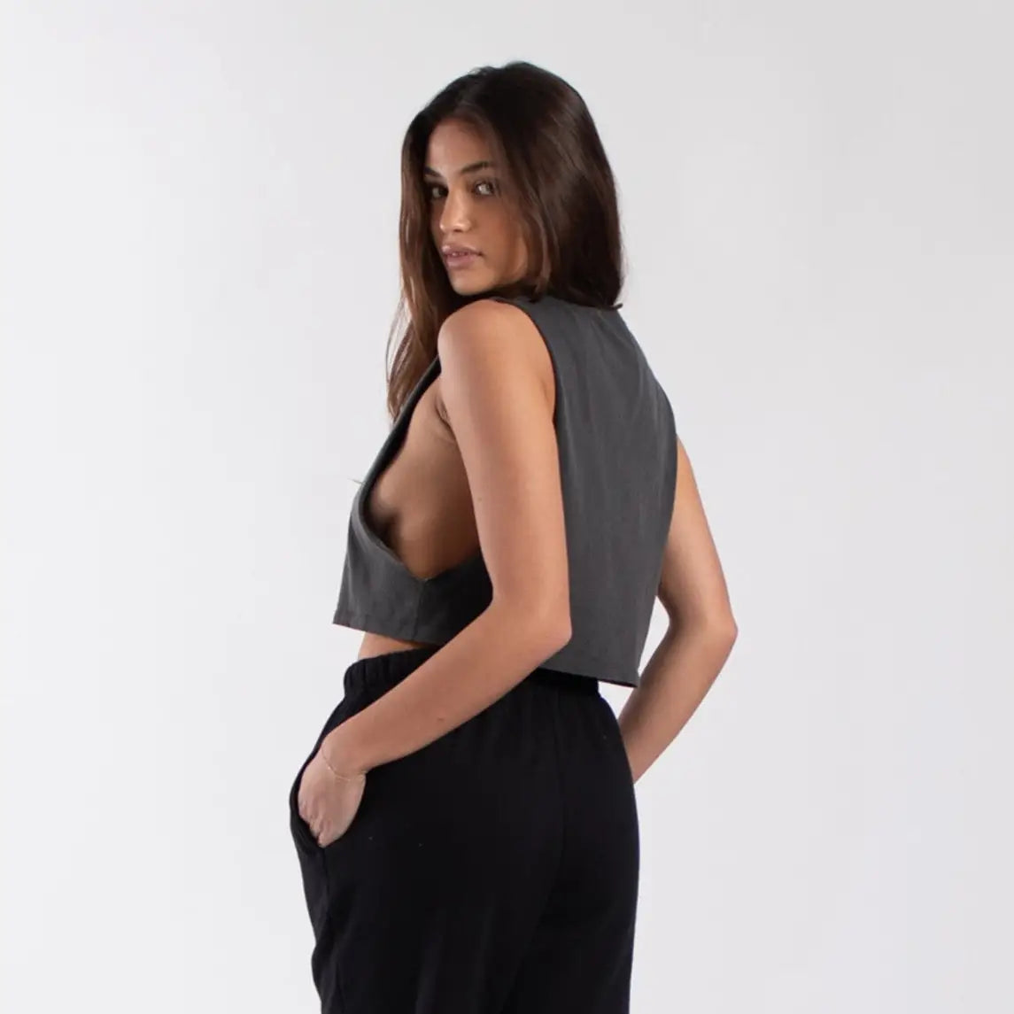 Charcoal gray garment dyed sleeveless muscle tank with black pants for women