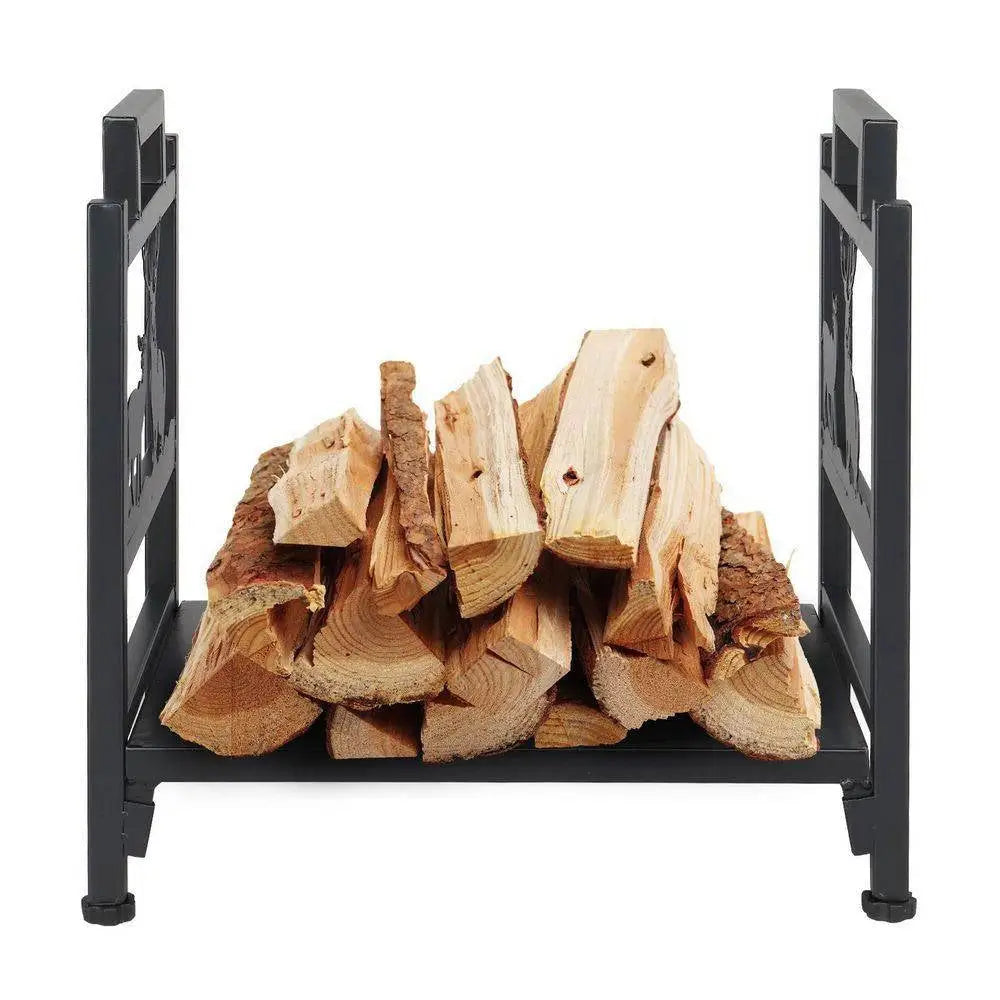 Black metal firewood log rack with deer pattern and stacked logs for firewood storage