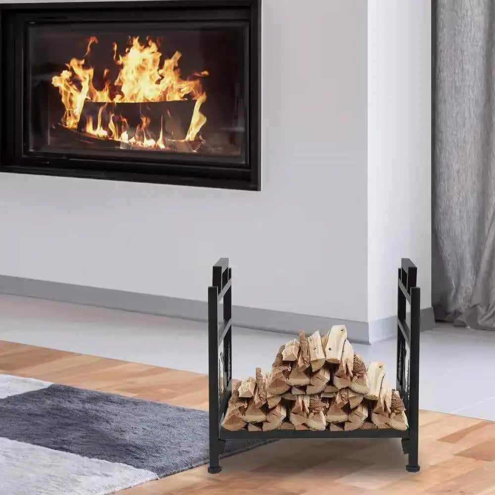 Black metal firewood log rack with deer pattern and stacked logs for modern firewood storage