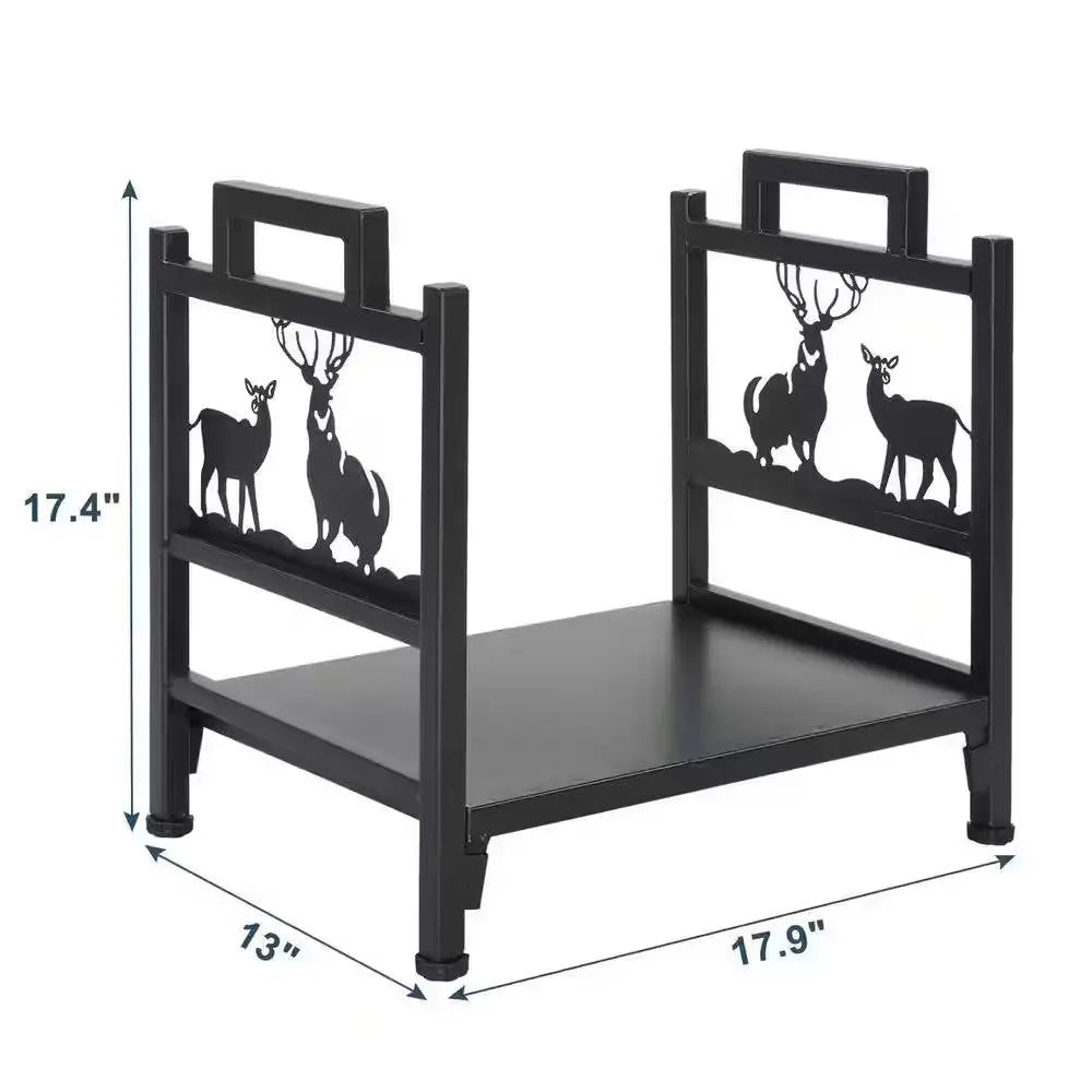 Black metal firewood log rack with deer design, 17.4 inches tall and 13 inches wide