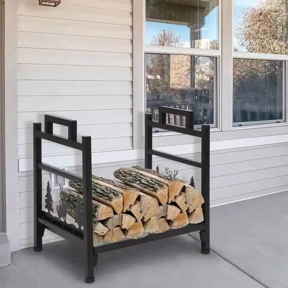 Black metal firewood log rack with handles and stacked logs for stylish firewood storage