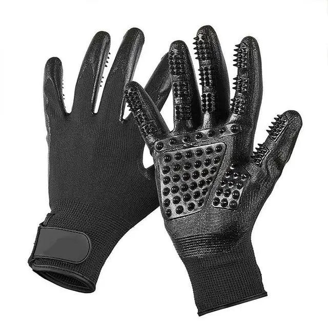 Black pet grooming gloves with rubber nubs for shedding and massaging, ideal for pet grooming