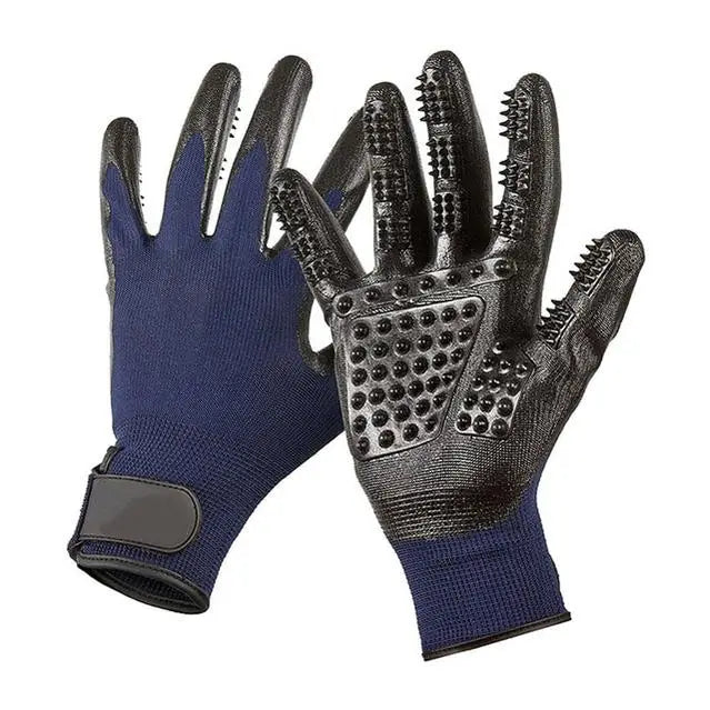 Black and blue pet grooming gloves with rubber nubs for effective pet grooming during business days