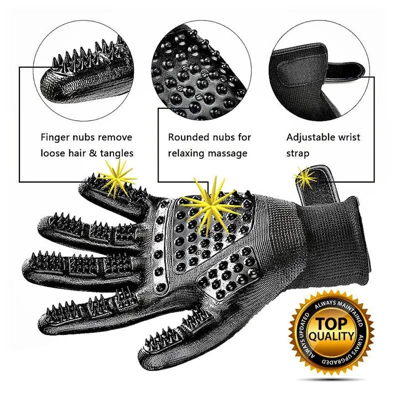 Black pet grooming gloves with finger nubs and massage rounded nubs for pet grooming