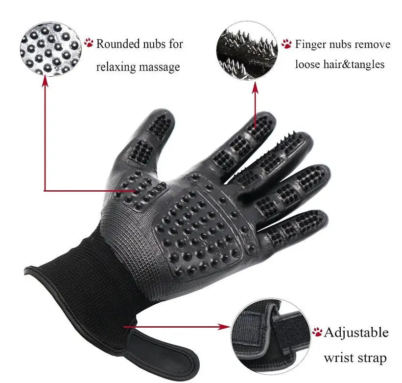 Black pet grooming gloves with textured nubs and adjustable wrist strap for effective pet grooming
