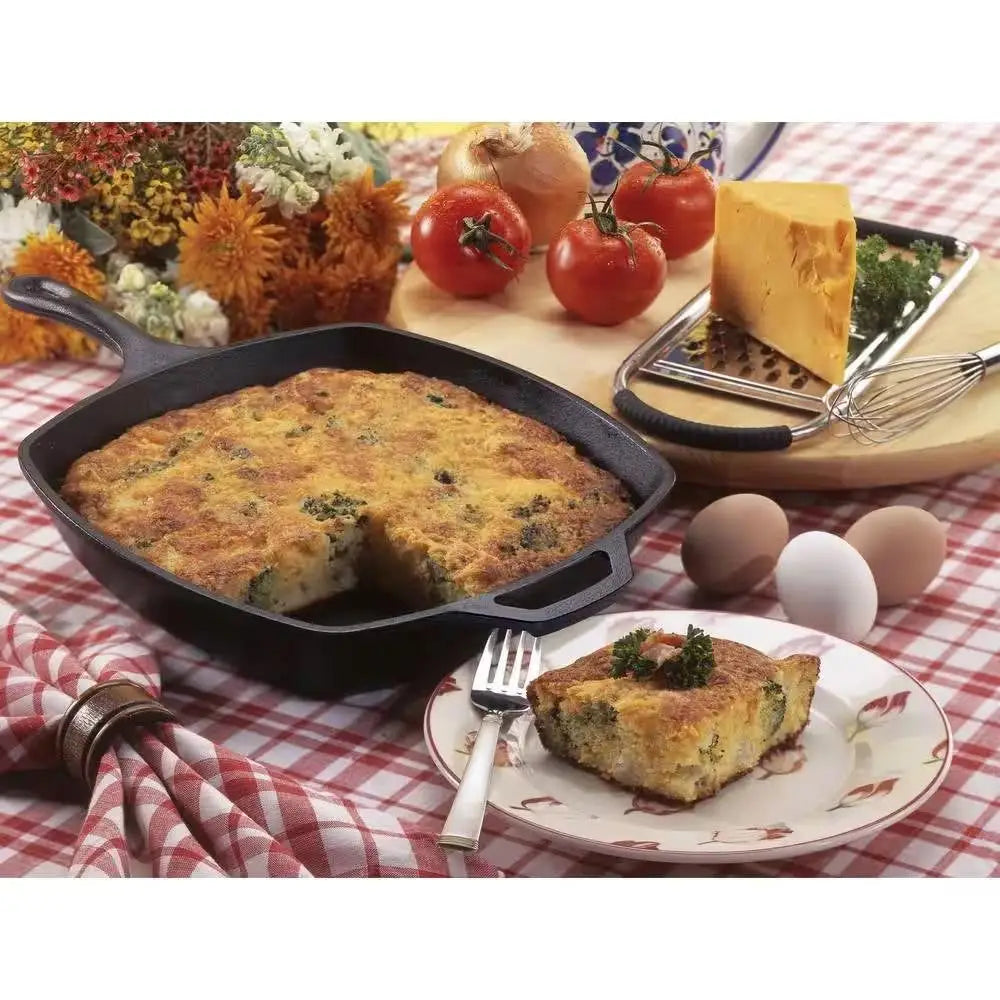 Square cast iron skillet with black handle and lid, rustic design, made in USA