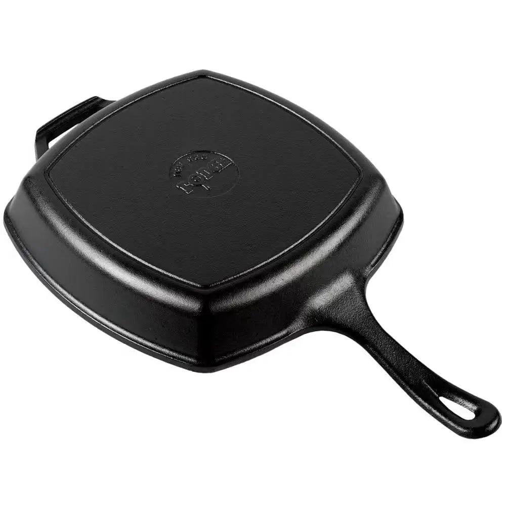 Cast iron square skillet with black handle and lid branded Le Creuset, made in USA