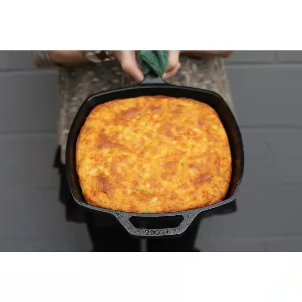 Square cast iron skillet with golden-brown cornbread, made in USA, 10.5-inch skillet