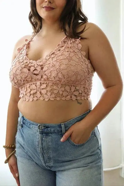 Light pink floral lace crochet daisy longline bralette for full-figure comfort