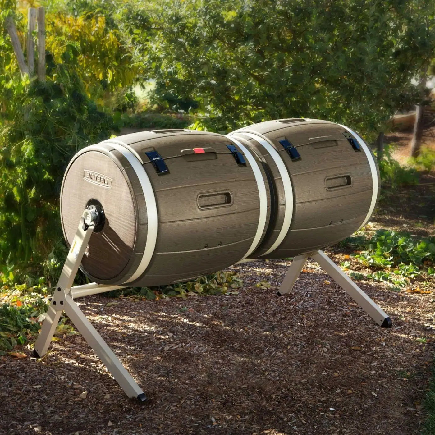 100-Gallon Compost Bin Tumbler with black and gray barrels, rotating composter with internal aeration
