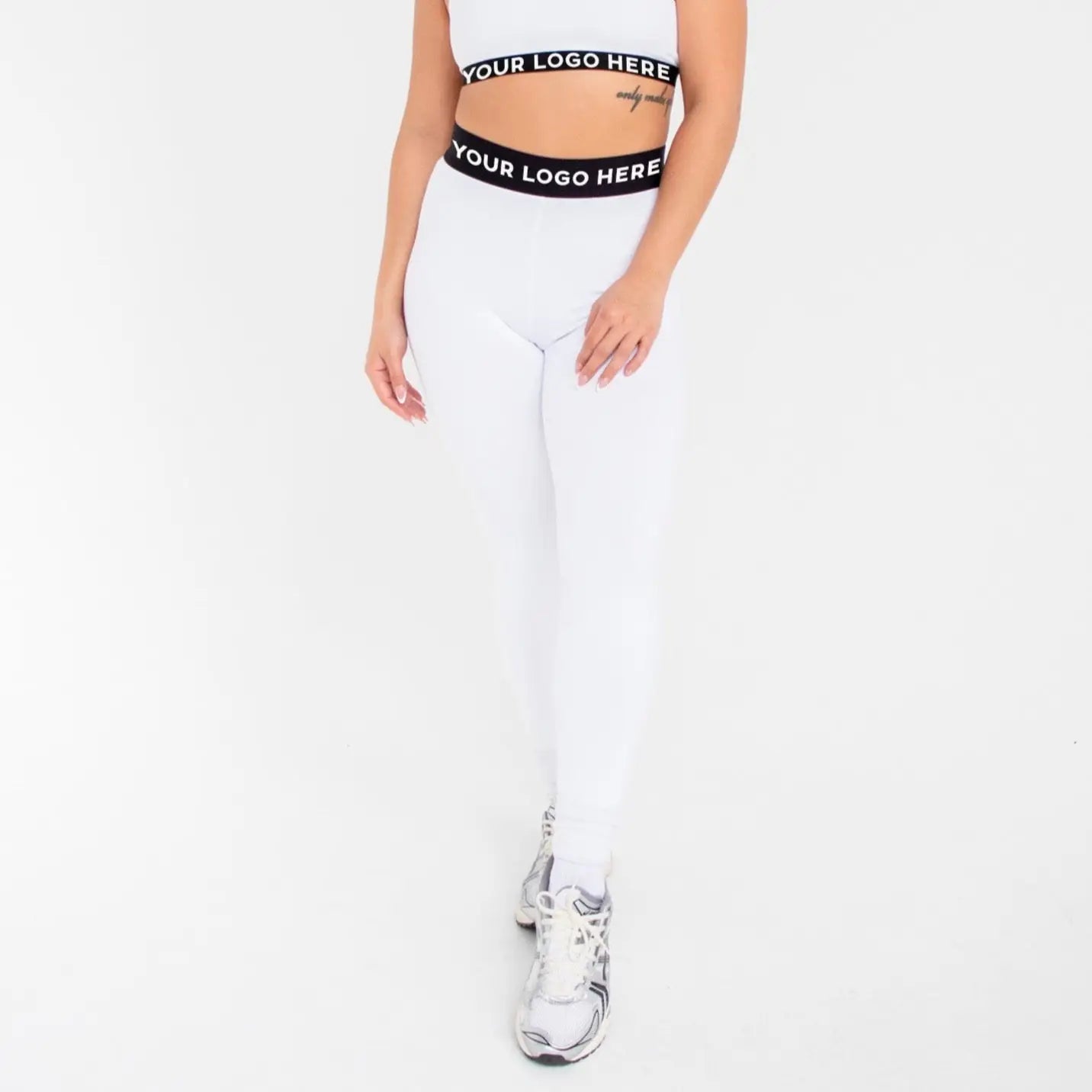 White leggings with black waistband and logo design from 1000BD Women’s Banded Pro Legging, info otlapparel