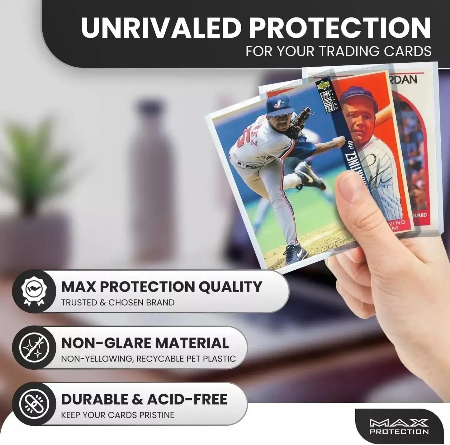 Transparent sleeves protecting trading cards in 1000ct Case Ultra Max Pro rigid toploaders
