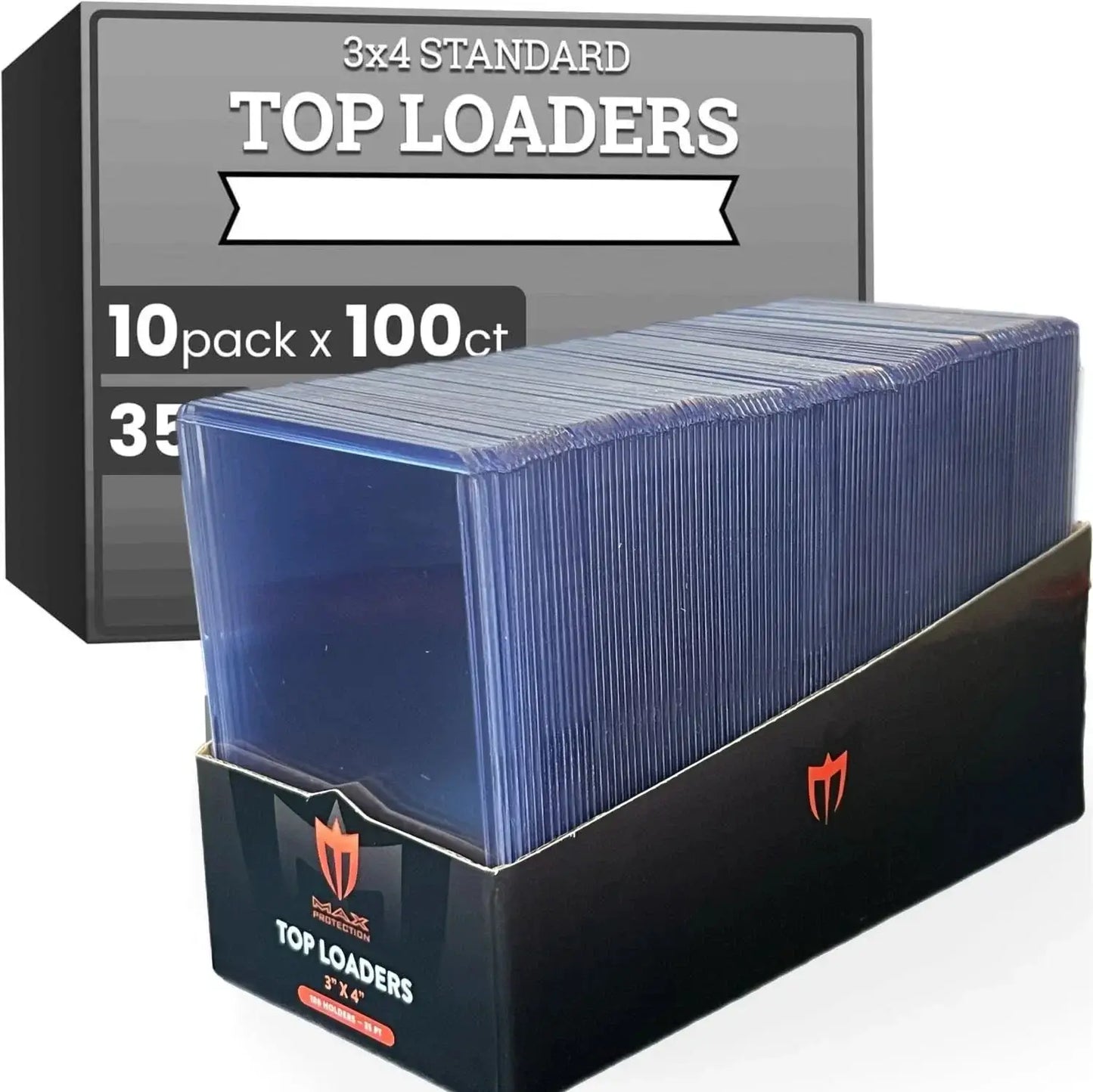 Display box with clear plastic Max Pro trading card rigid top loaders for trading cards