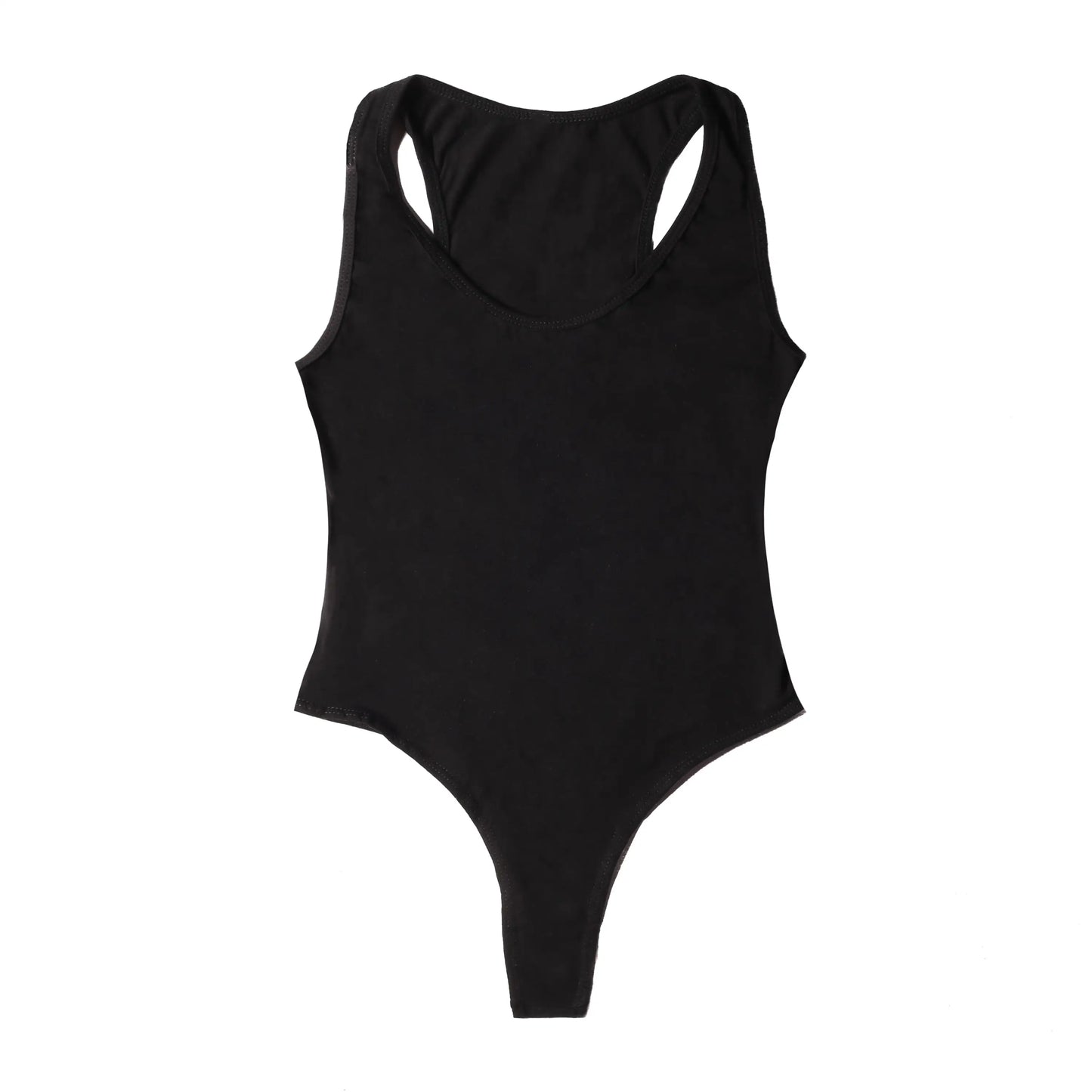 Black racerback bodysuit with open back design and thin straps, info otlapparel