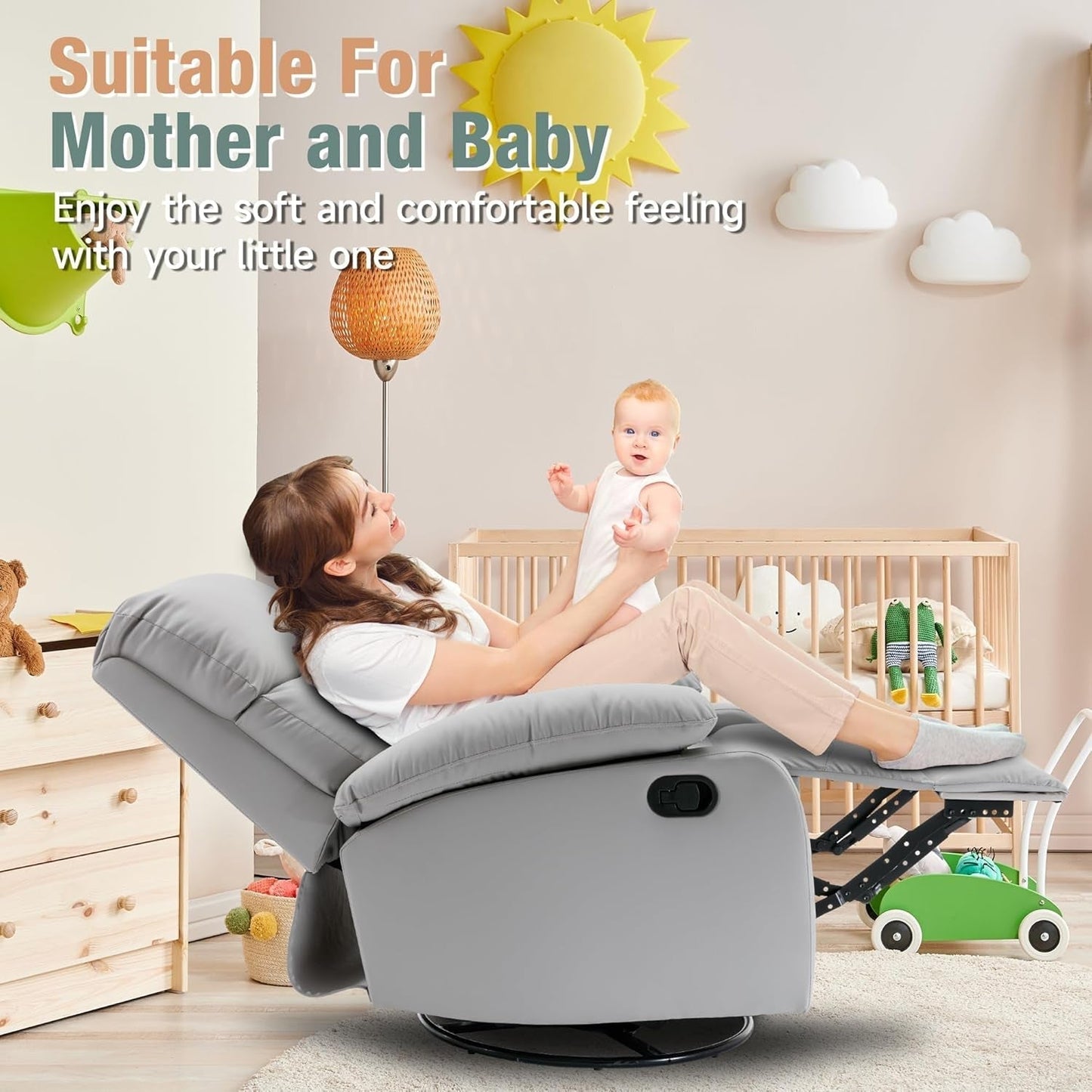 Swivel Rocker Recliner, Rocking Recliner Chair, Small Rocker Recliners for Small Spaces, Living Room, Bedroom, Nursery, RV, Light Grey-1