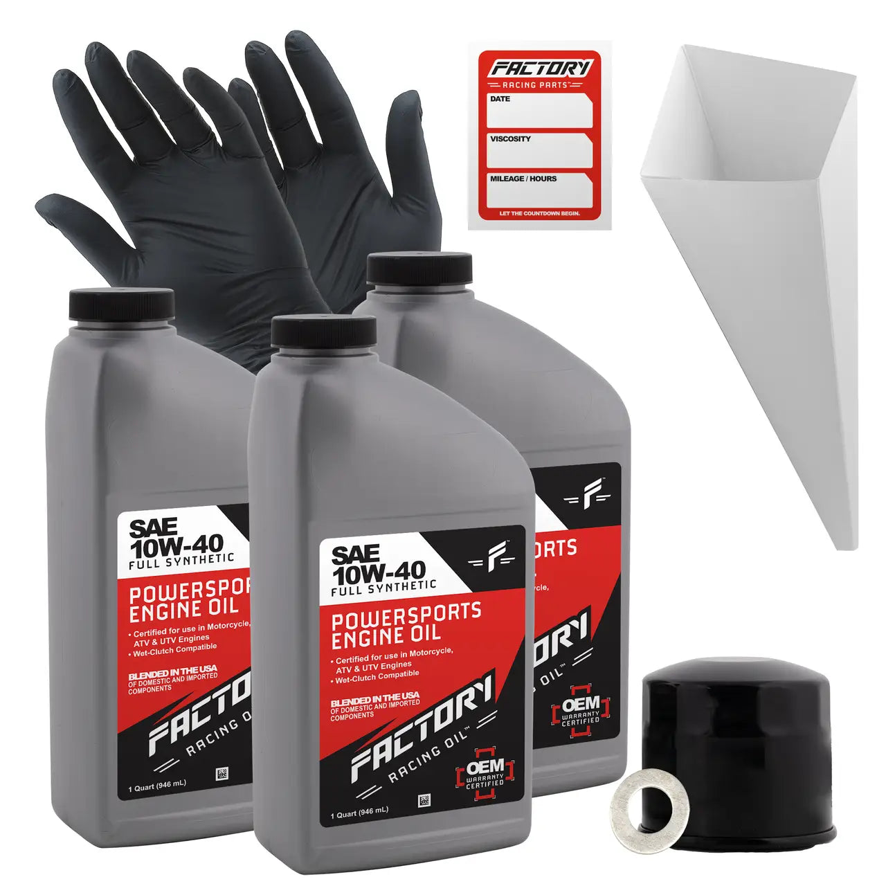 10W-40 full synthetic engine oil for Suzuki VS750GLF with black gloves and funnel