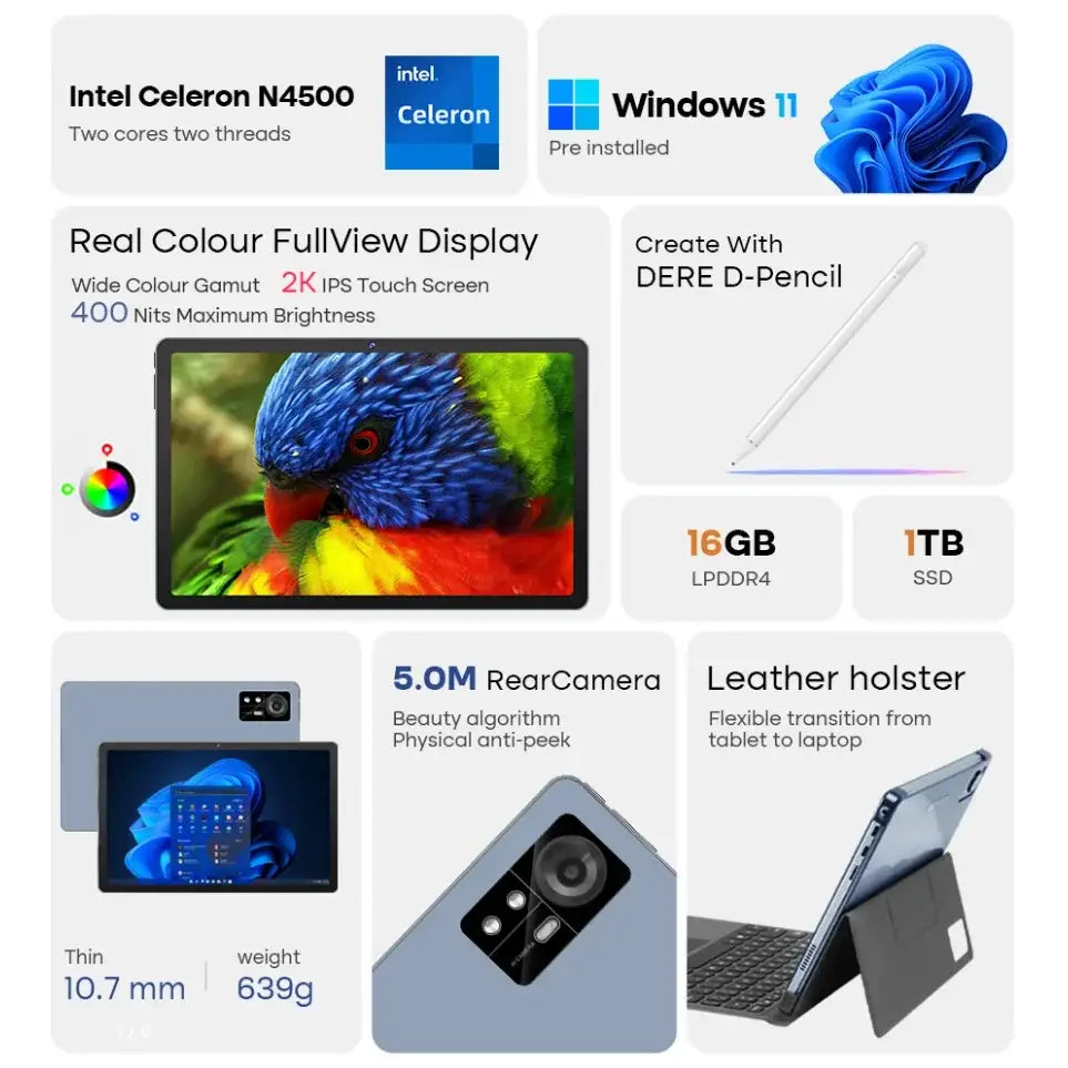 11 Inch Touch Screen Tablet with Intel Celeron N4500, 2K IPS Display, 8GB RAM