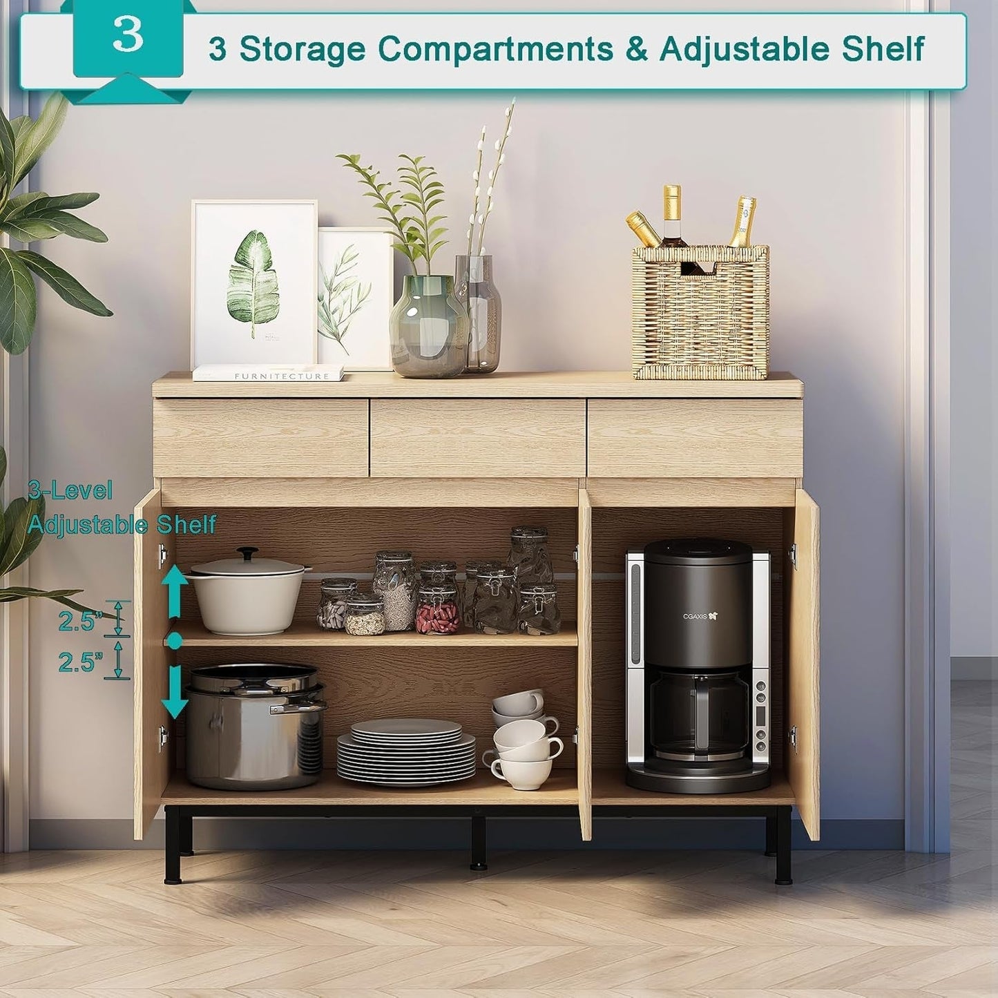 Natural 46Inch LED Sideboard Buffet Cabinet Storage-4
