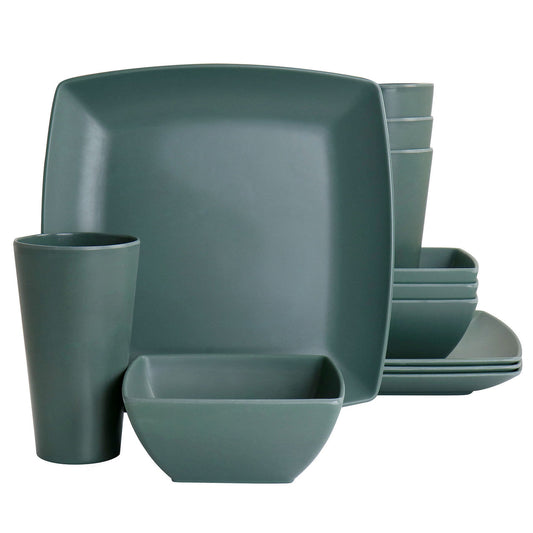 Gibson Home Grayson Melamine 12 Piece Square Dinnerware Set in Green-0