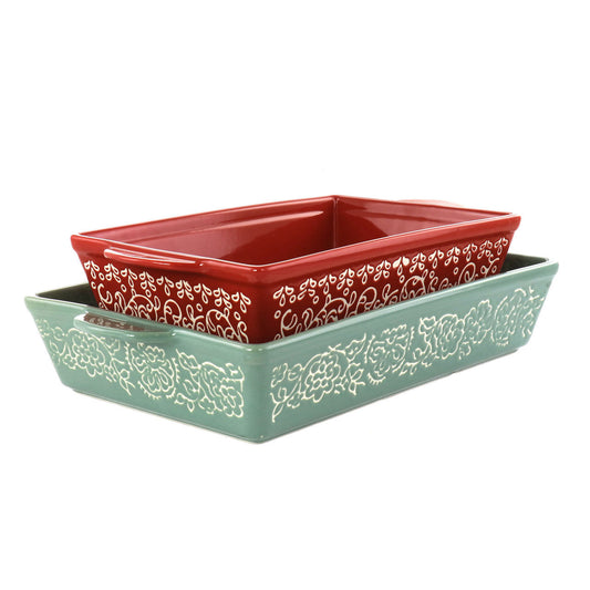 Laurie Gates 2 Piece Tierra Wax Relief Stoneware Baker Set in Red and Mint-0