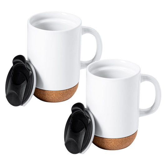 Gibson Home Modani 2 Piece 16.5 Ounce Stoneware Mug Set in White with Lid and Cork Base-0