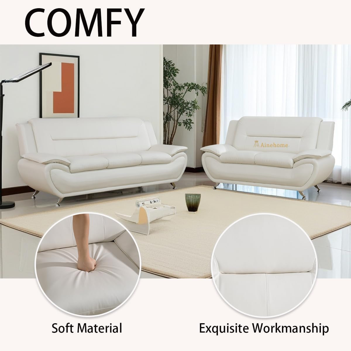 Sectional Sofa Sets, Living Room Furniture Sets Modern Faux Leather Sofa Couch 5-Seat Sofa for Living Room(A-Creamy White, Sofa+Loveseat)-4