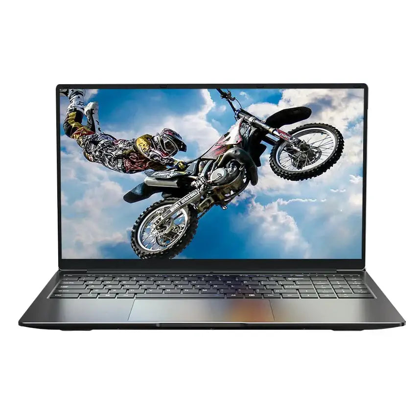 Dark gray 15.6-inch laptop with motocross rider display, perfect for decorate root projects