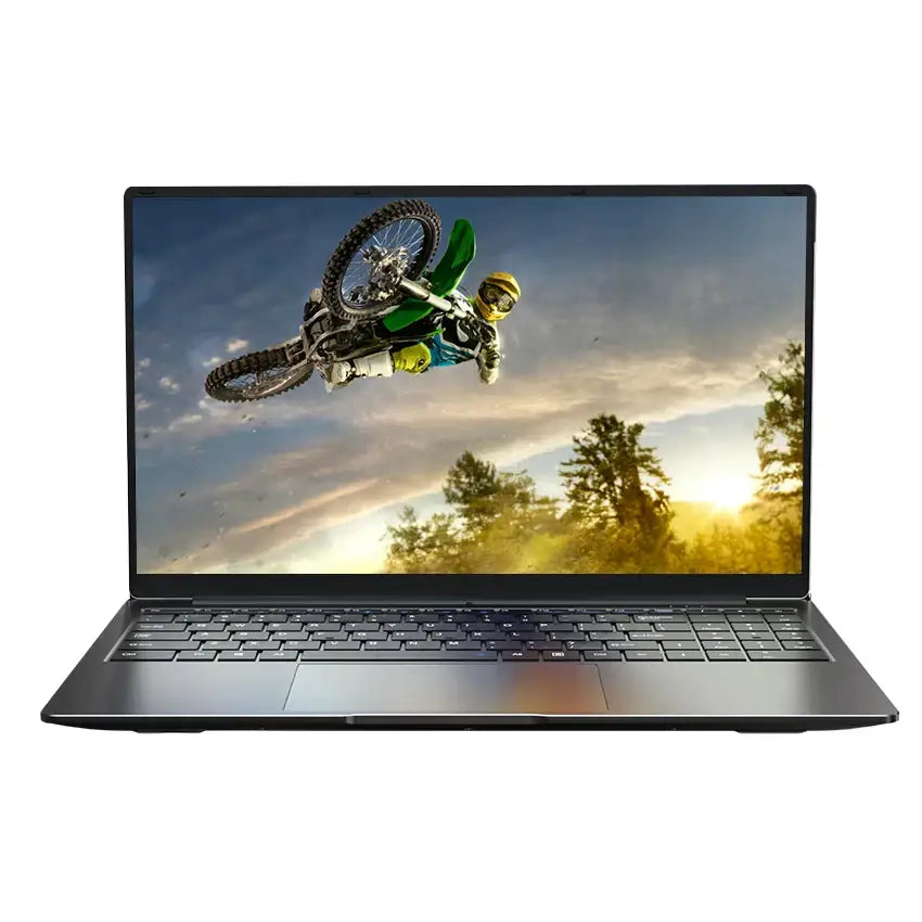 Closed laptop with large screen displaying dirt biker in mid-air, ideal for decorate root projects