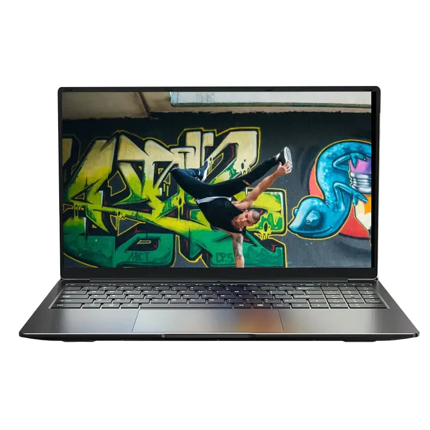 Dark grey laptop with vibrant breakdancer graffiti display on 15.6 Inch 8GB 1TB N5095 Win 11 computer