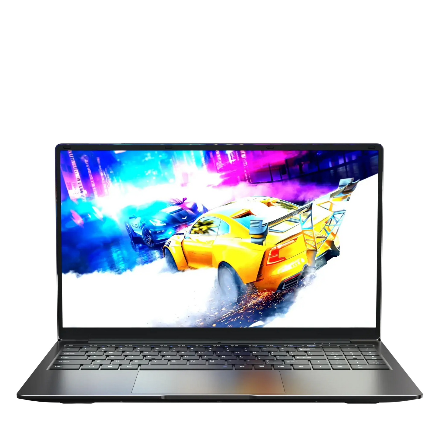 Dark gray laptop displaying colorful racing game on screen, ideal for 15.6 Inch 8GB 1TB N5095 Win 11 Computer Hardware Software Laptop
