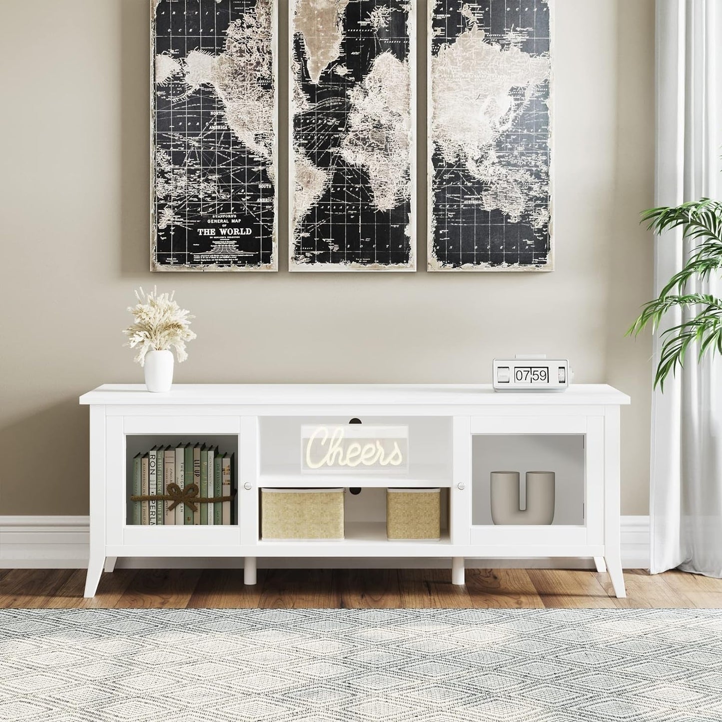 TV Stand - 55-Inch Storage Cabinet with 2 Cubbies and 2 Shelves - Entertainment Center for Living Room, Bedroom, or Entryway (White)-4