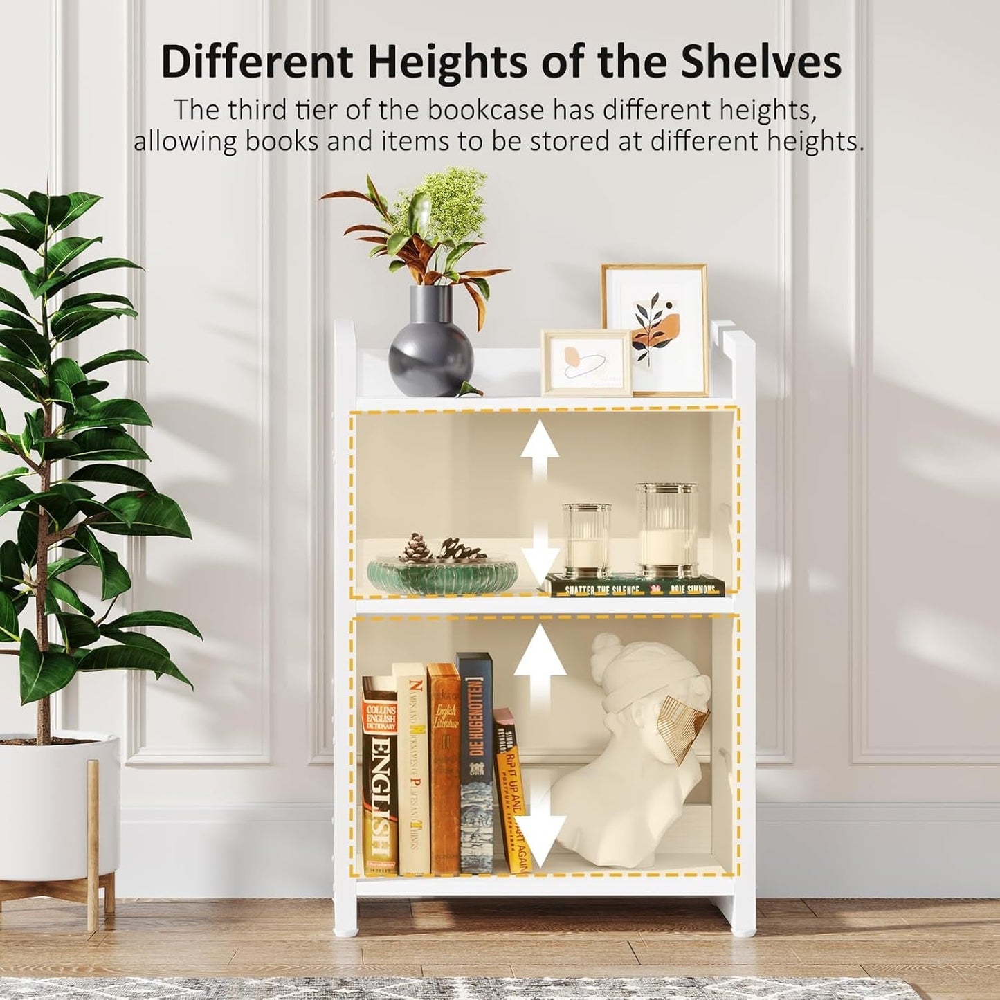 Book Shelf Small Bookshelf - 3-Tier Wood Bookcase Industrial Bookshelf Metal Narrow Bookcase Storage Organizer Display Rack for Bedroom Living Room Home Office (White)-4