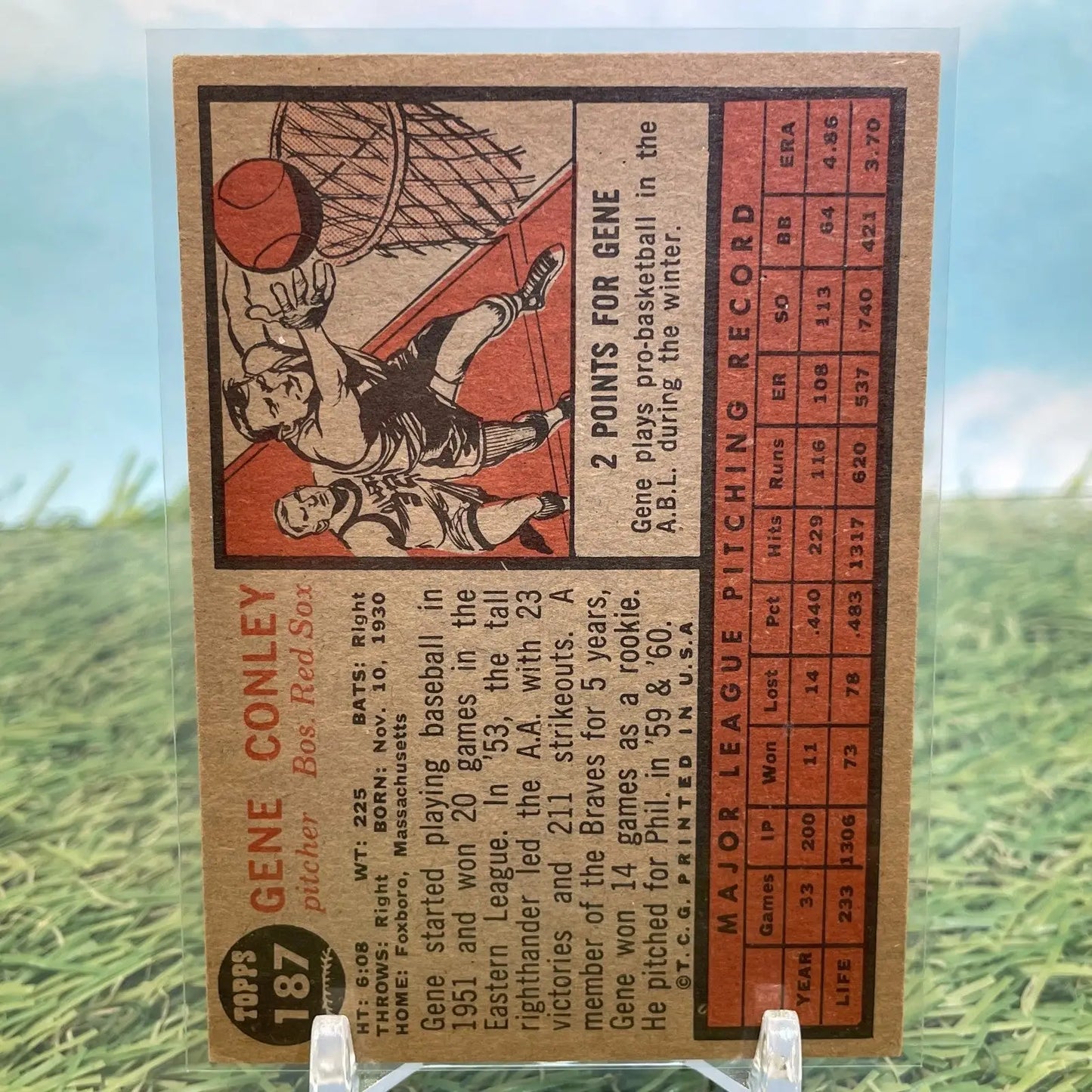 Vintage Gene Conley baseball card with basketball graphic from 1962 Topps, free shipping