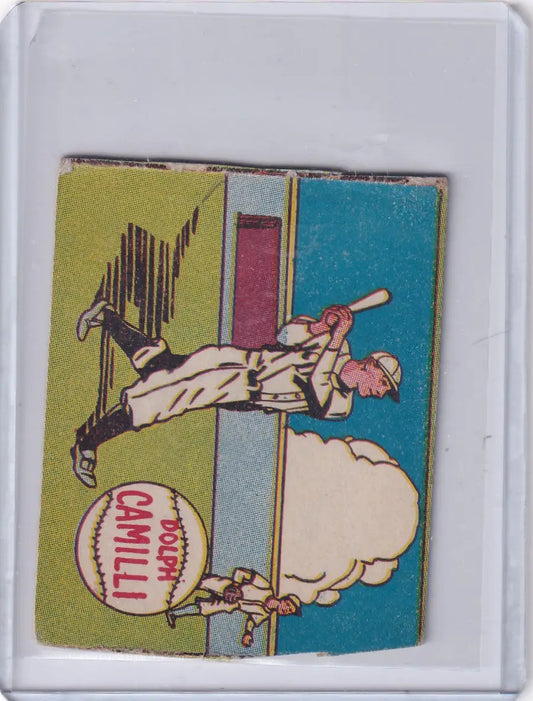 Vintage Dolph Camilli Brooklyn Dodgers baseball card R302-01 featuring a batter and ball