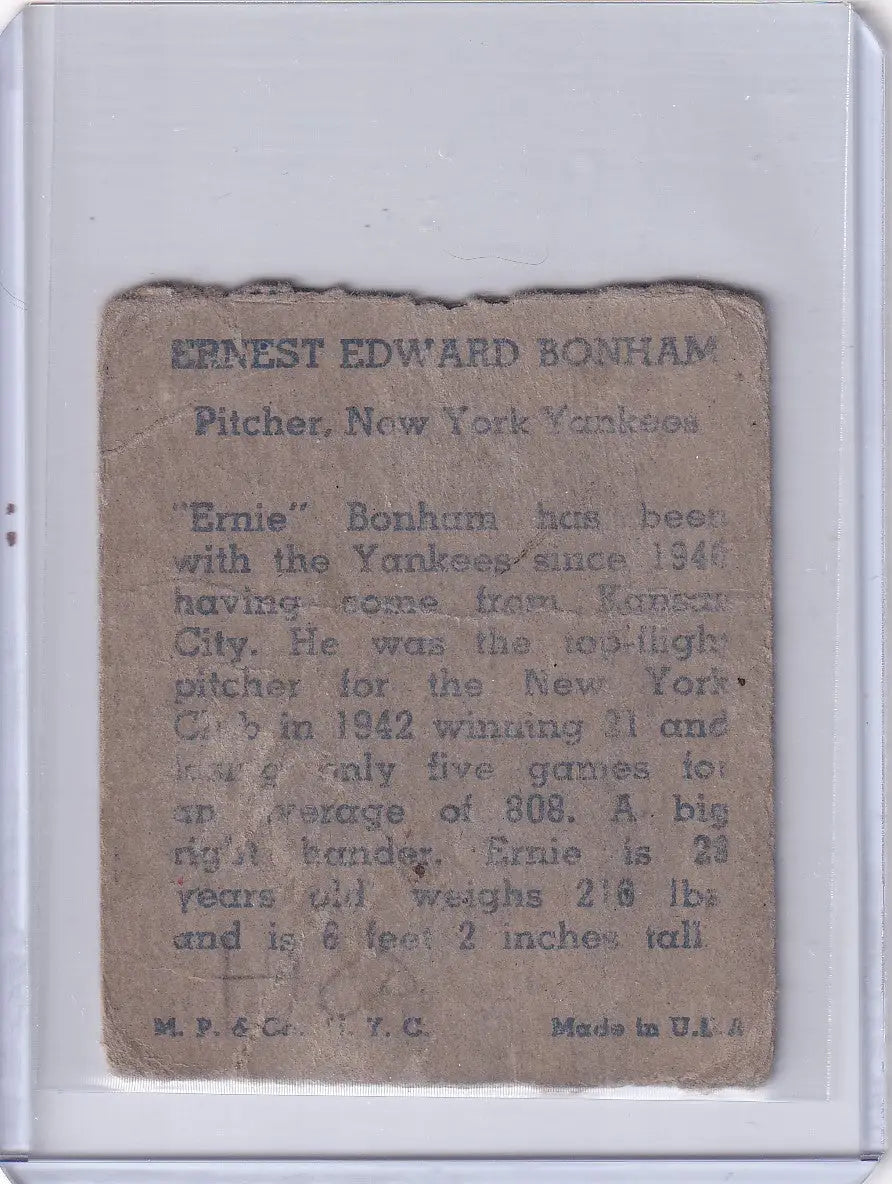 Vintage baseball card of Ernie Bonham from the 1943 R302-01 New York Yankees collection