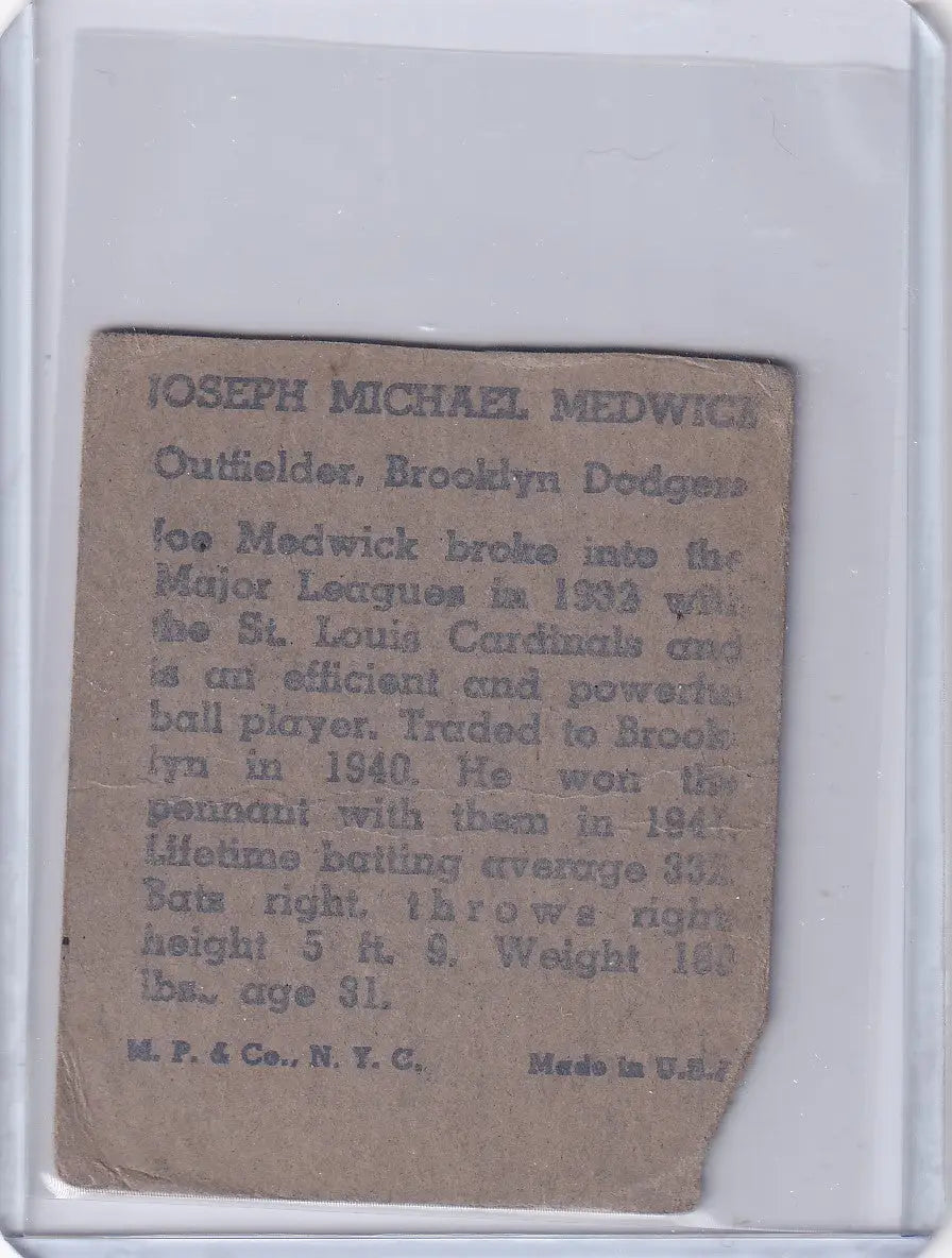 Vintage baseball card of Joe Medwick Brooklyn Dodgers R302-01 M.P. & Co 1943