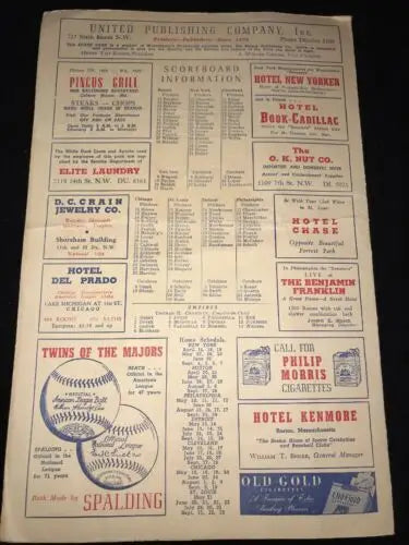 Vintage advertising poster for 1947 Washington Senators vs Boston Red Sox score card