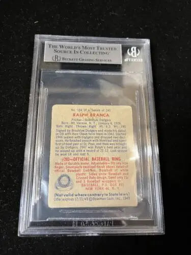 Graded Ralph Branca signed auto rookie card in 1949 Bowman design for collectors