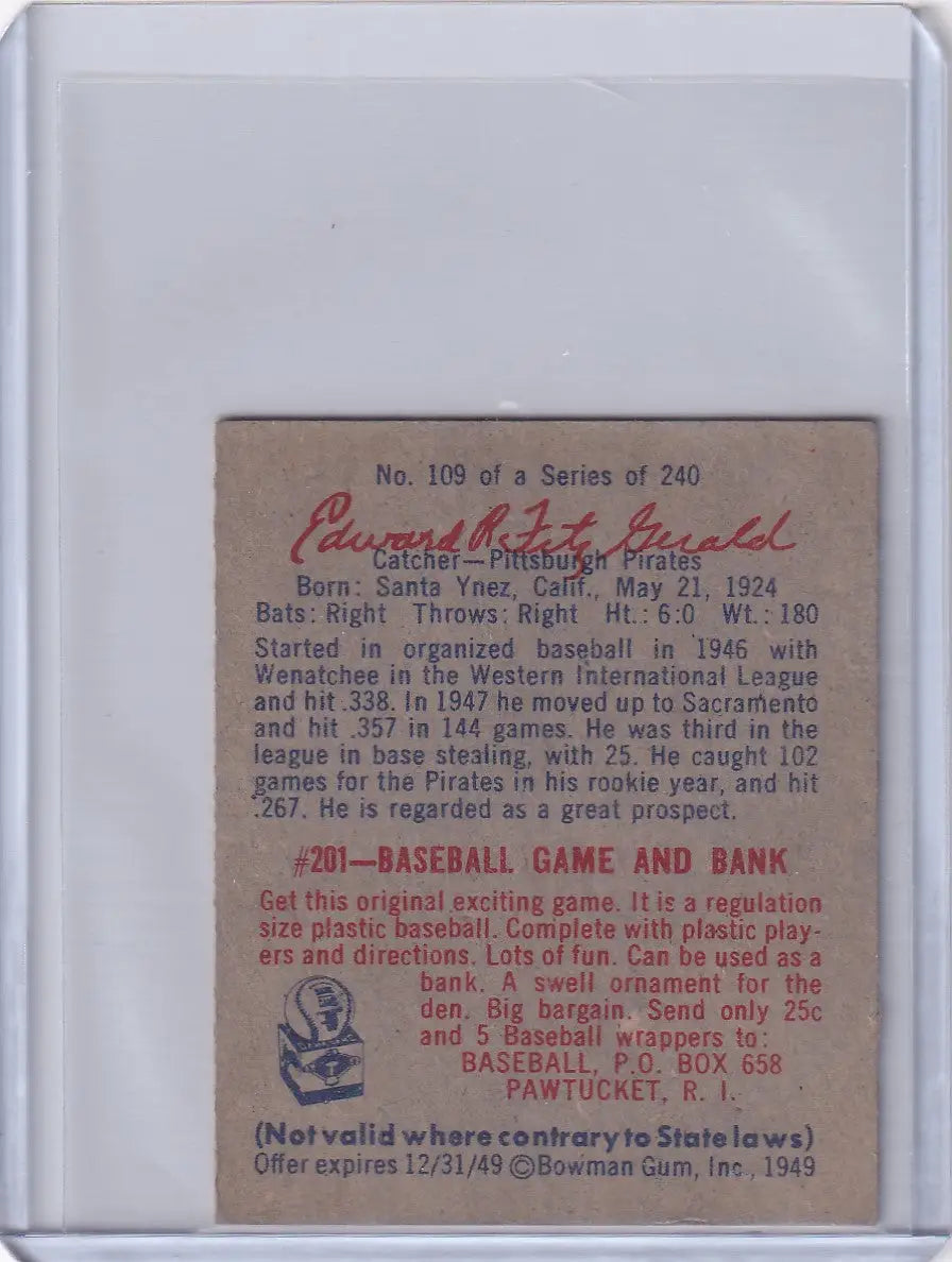 1949 Bowman Baseball #109a Ed FitzGerald RC card featuring Pittsburgh Pirates details
