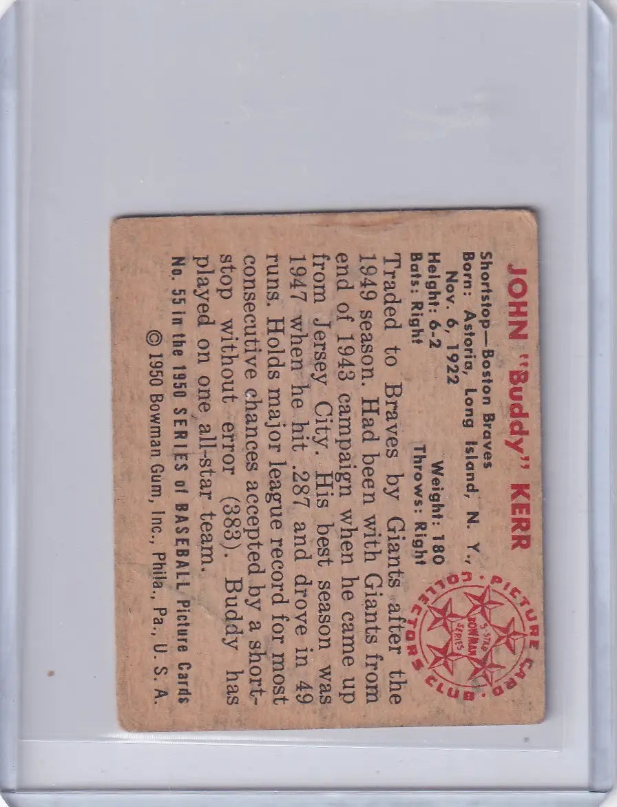 Vintage Bowman Baseball card featuring Buddy Kerr of the Boston Braves with a red seal
