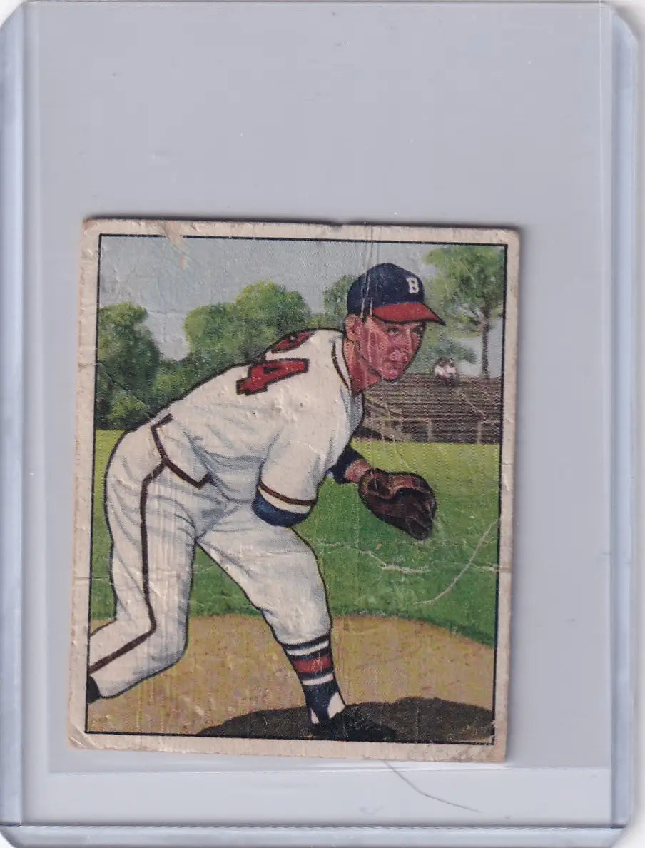 Vintage Bowman Baseball card of Vern Bickford pitching for the Boston Braves