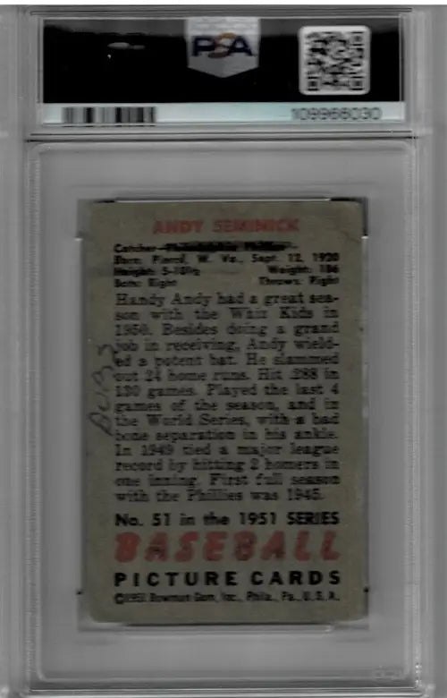 Vintage Bowman Andy Seminick baseball card in protective slab featuring Philadelphia Phillies logo