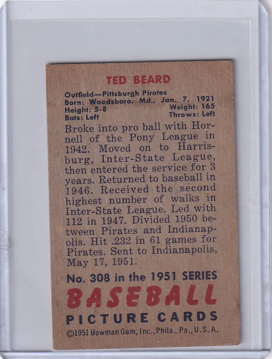 Vintage Ted Beard Bowman Baseball card from 1951, featuring Pittsburgh Pirates legend